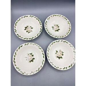 Vtg 4 Pc Hall Superior Dinnerware Cameo Rose Berry Dessert Bowls White 5"‎